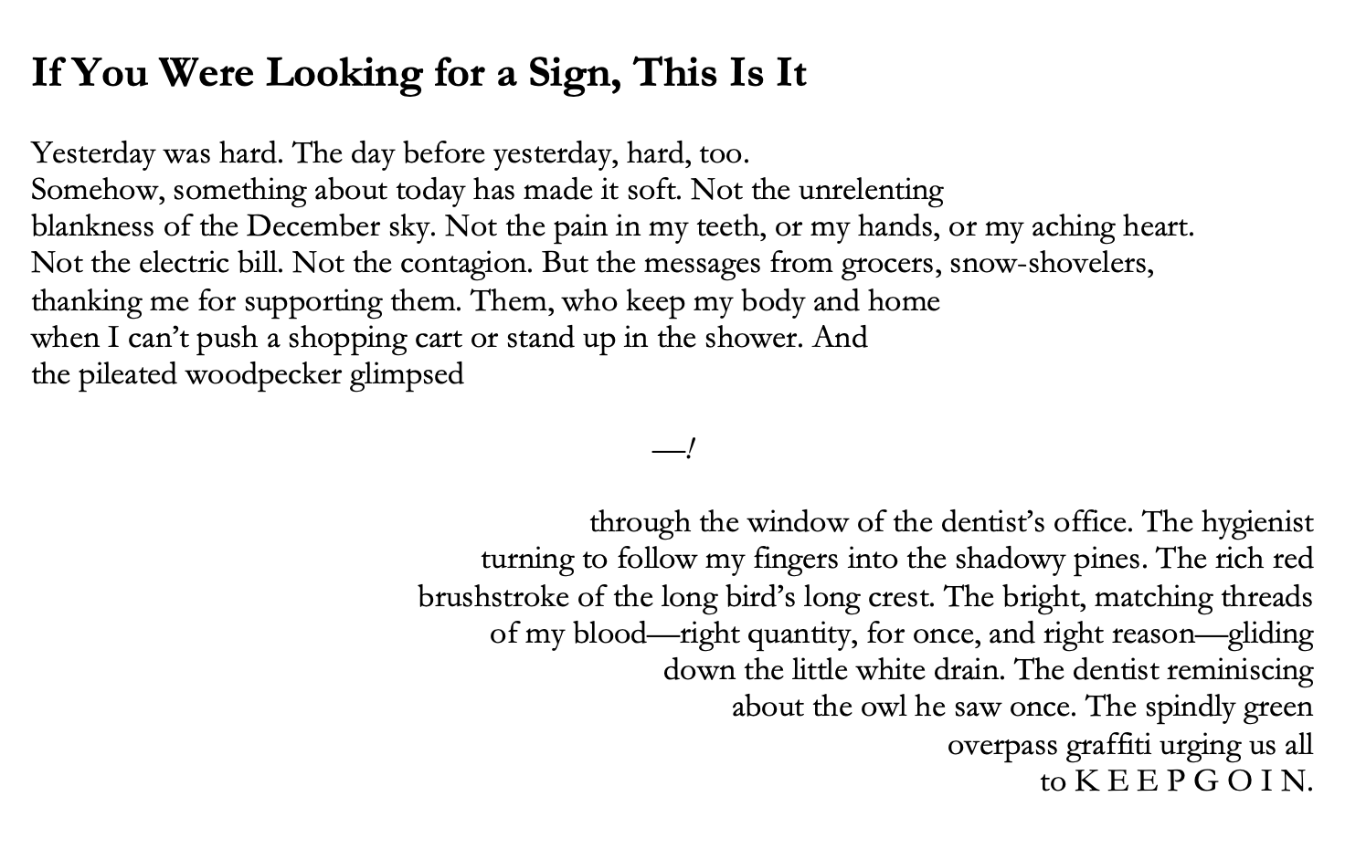 Poem text: If You Were Looking for a Sign, This Is It

Yesterday was hard. The day before yesterday, hard, too. 
Somehow, something about today has made it soft. Not the unrelenting
blankness of the December sky. Not the pain in my teeth, or my hands, or my aching heart. 
Not the electric bill. Not the contagion. But the messages from grocers, snow-shovelers, 
thanking me for supporting them. Them, who keep my body and home 
when I can’t push a shopping cart or stand up in the shower. And 
the pileated woodpecker glimpsed 

—!

through the window of the dentist’s office. The hygienist 
turning to follow my fingers into the shadowy pines. The rich red 
brushstroke of the long bird’s long crest. The bright, matching threads 
of my blood—right quantity, for once, and right reason—gliding 
down the little white drain. The dentist reminiscing 
about the owl he saw once. The spindly green 
overpass graffiti urging us all 
to K E E P G O I N.